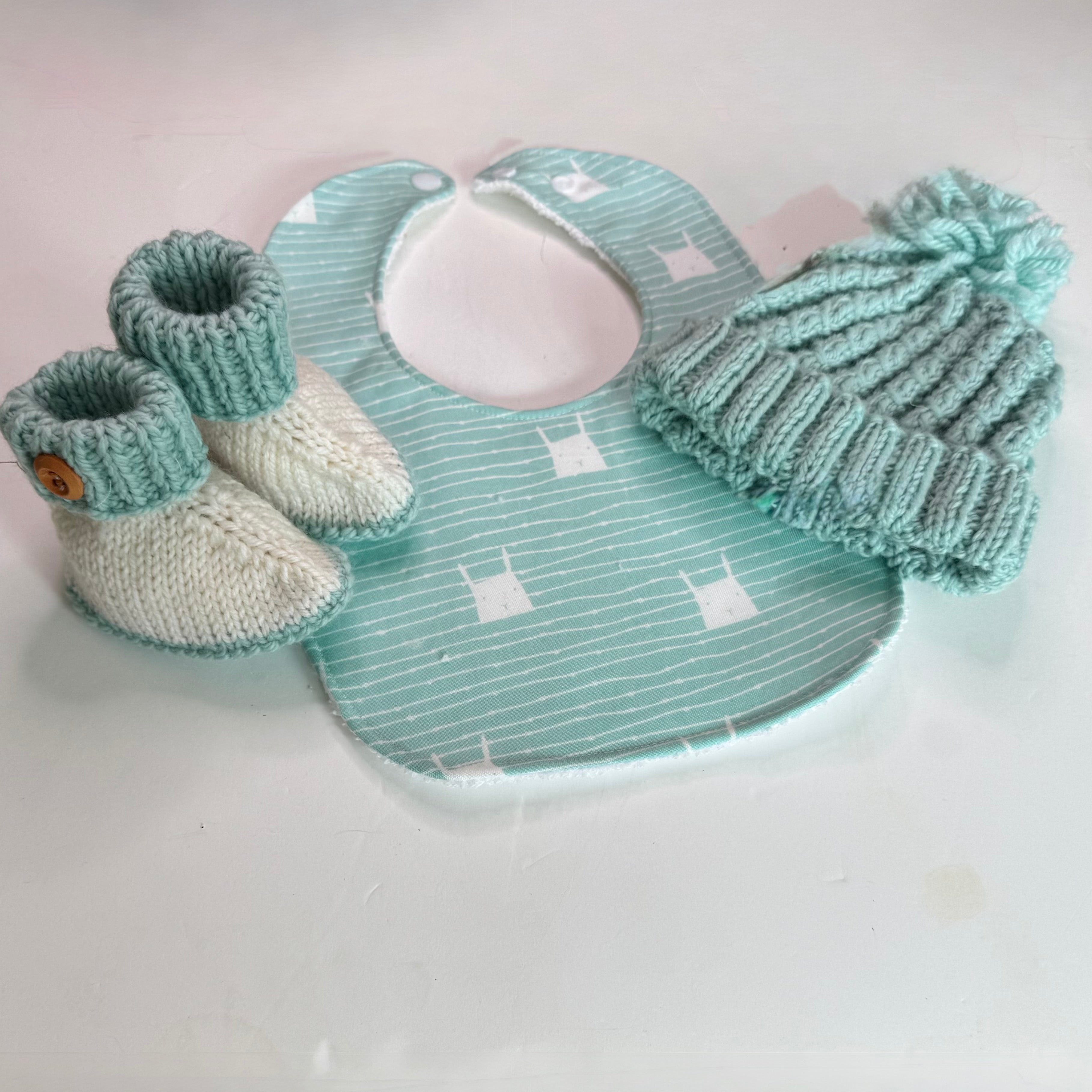 Handmade Baby Gift Set - Knitted Beanie, Ugg Booties & Bib Set