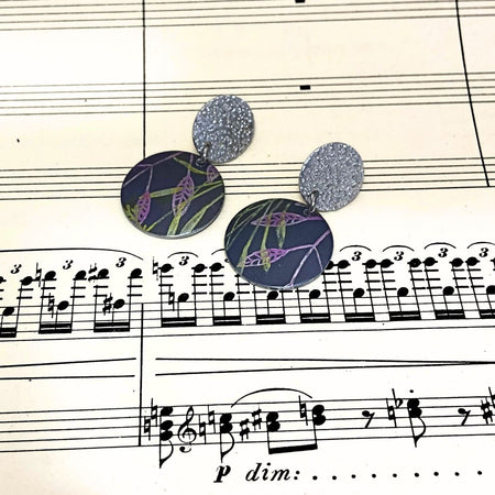 Anodised aluminium earrings hand printed, with abstract textured - Bloom on Grey Collection