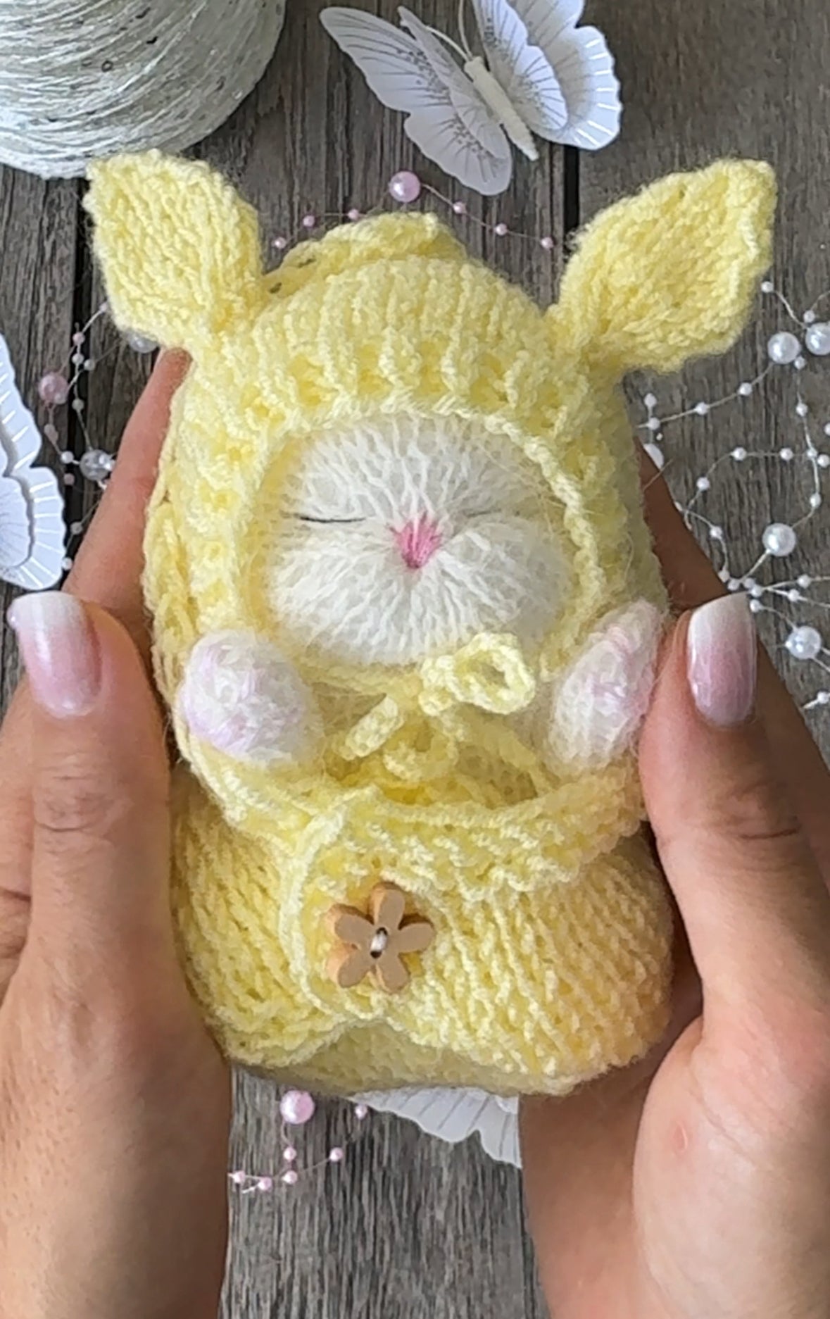 Handmade White Sleeping Kitty in The Bunny Beanie and Blanket