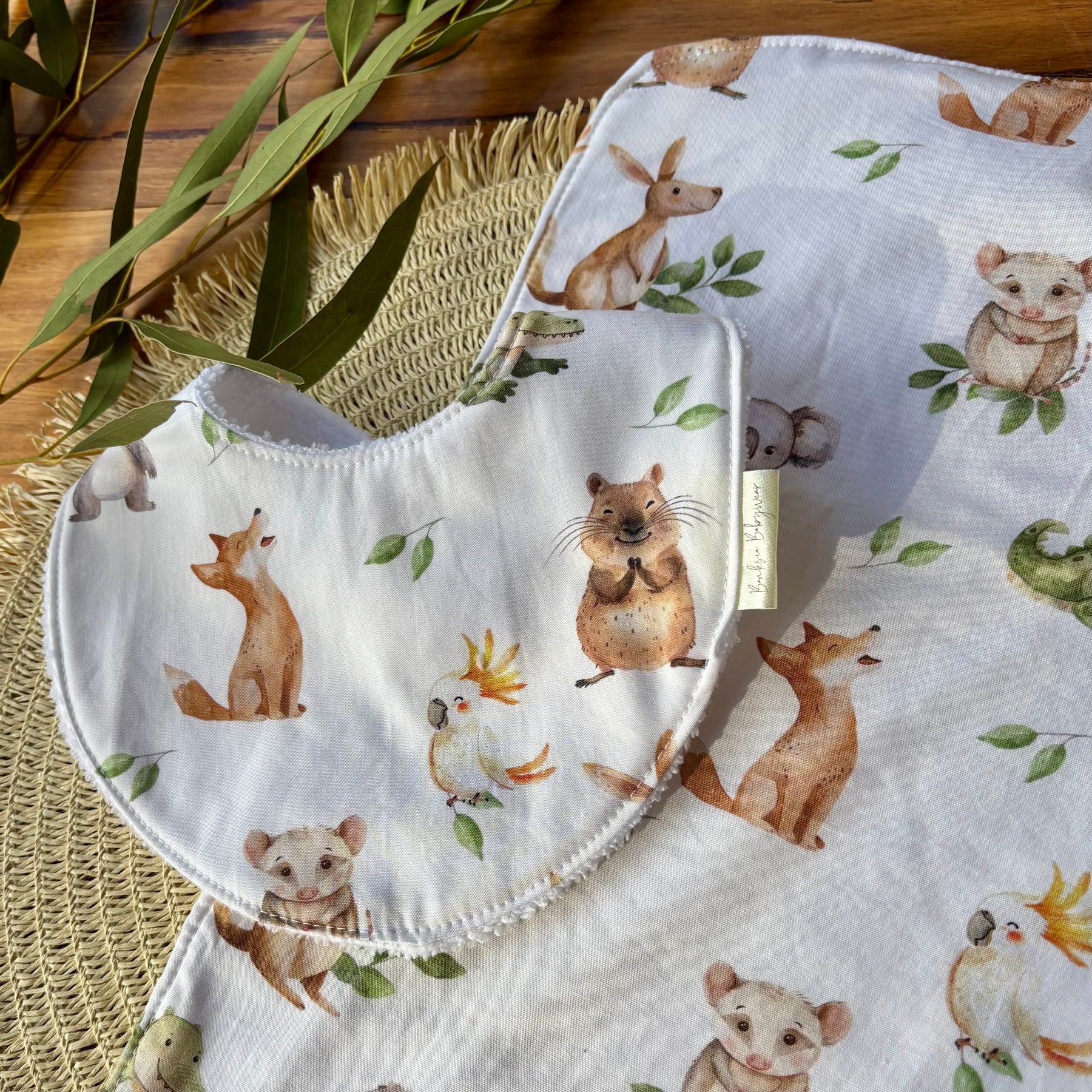 Baby Bib and Burp Cloth Set | More Green and White Aussie Animals | Made to Order