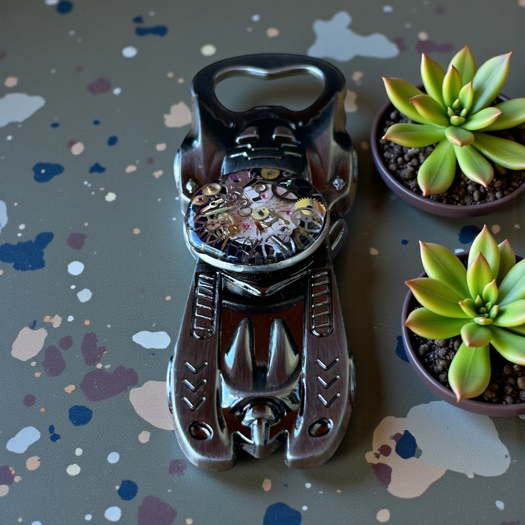 Steampunk watch parts racecar bottle opener