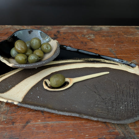 Earthy Handbuilt Ceramic Platter with Matching Bowl and Spoon - Rustic Stoneware Set