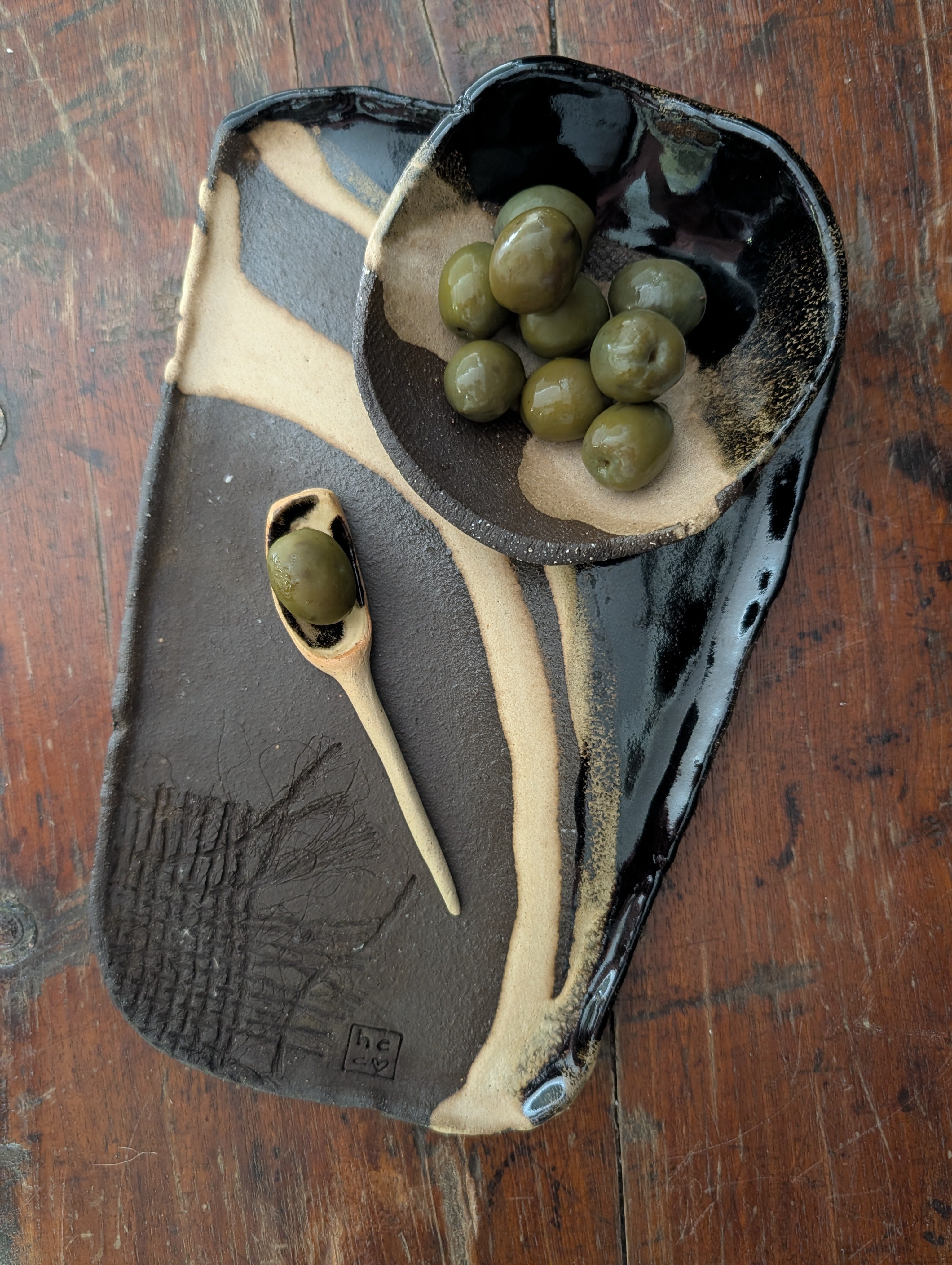 Earthy Handbuilt Ceramic Platter with Matching Bowl and Spoon - Rustic Stoneware Set