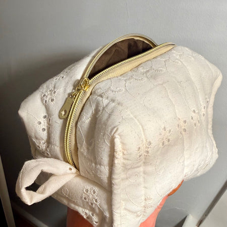Handmade Embroidered Cosmetic Bag - Cream