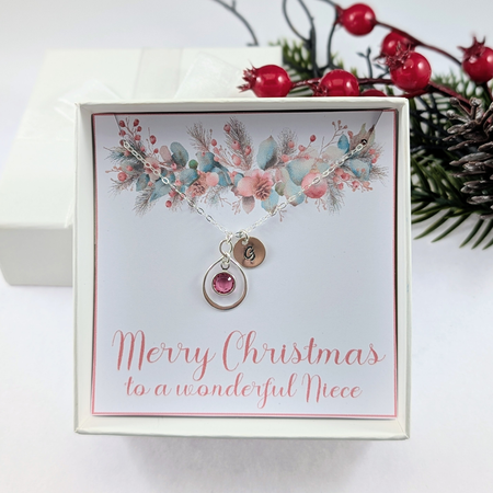 Niece Sterling Silver Christmas Necklace, Personalized initial and Birthstone