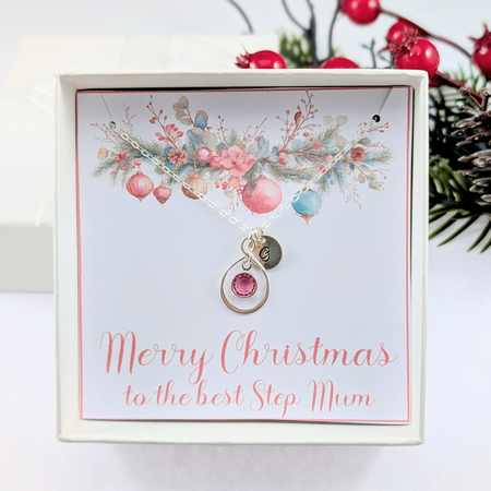 Step Mother Personalized Christmas Necklace, Birthstone and Initial