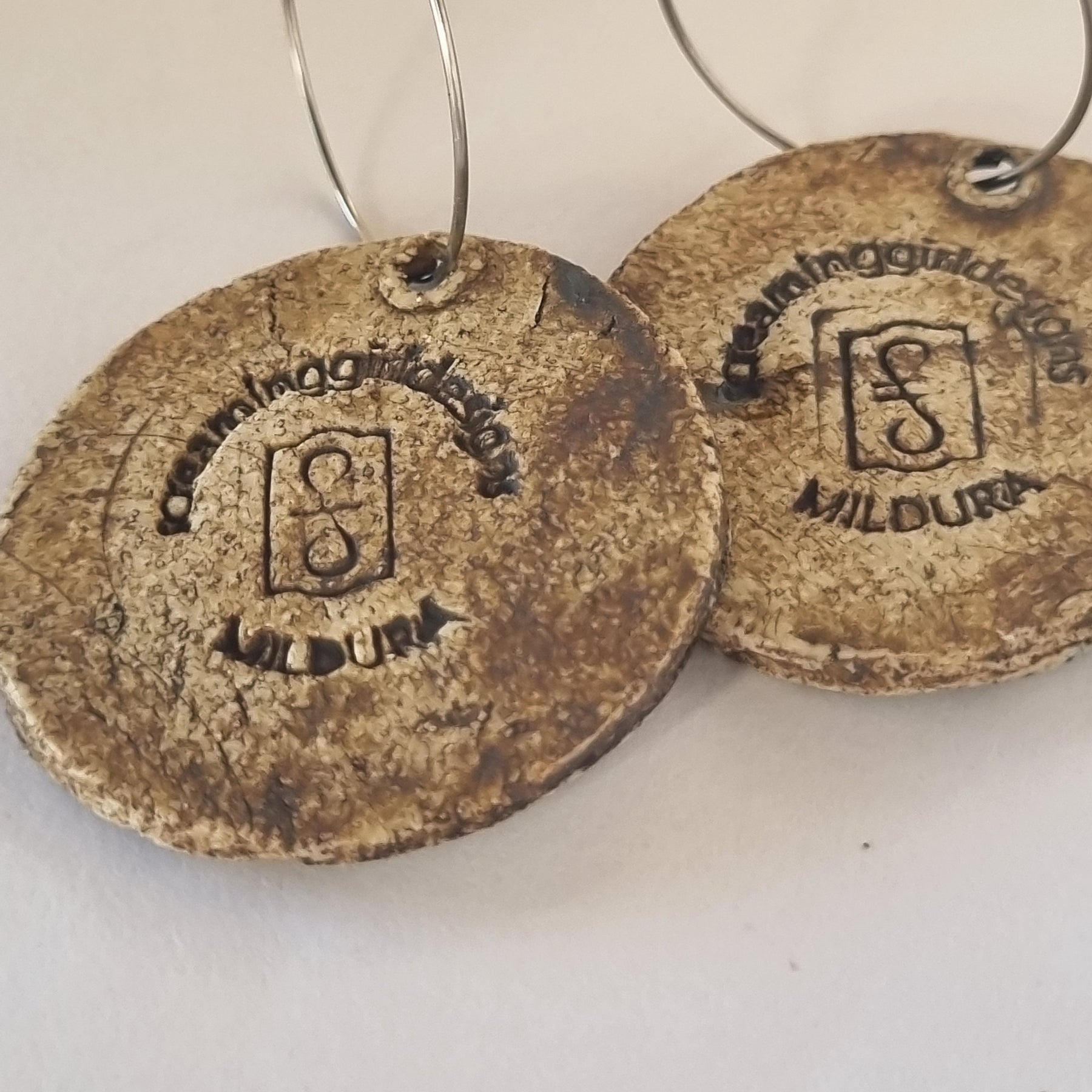 Handmade Stoneware Ceramic Earrings,green-blue-mustard-red multi-coloured, 35mm diameter, pierced ears