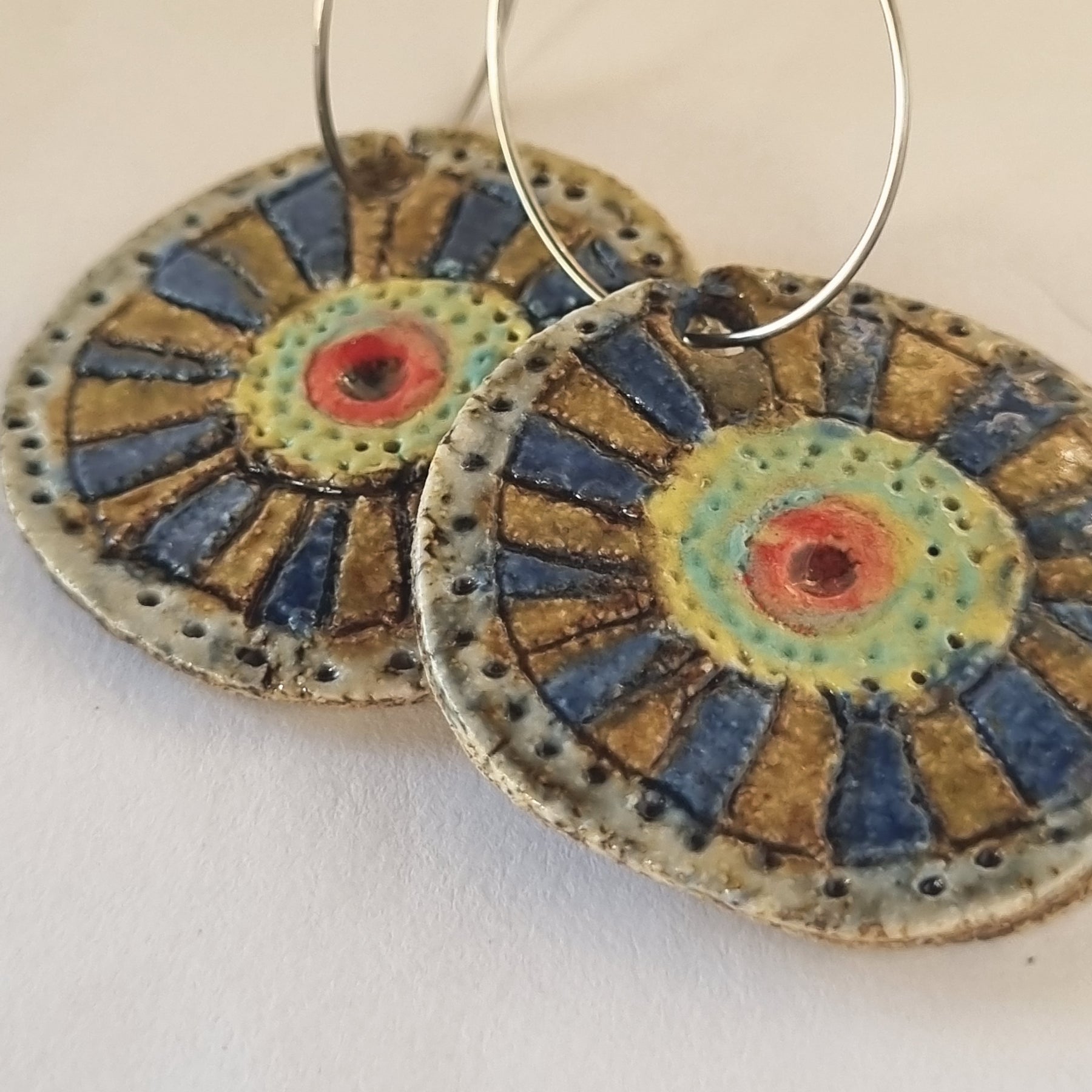 Handmade Stoneware Ceramic Earrings,green-blue-mustard-red multi-coloured, 35mm diameter, pierced ears