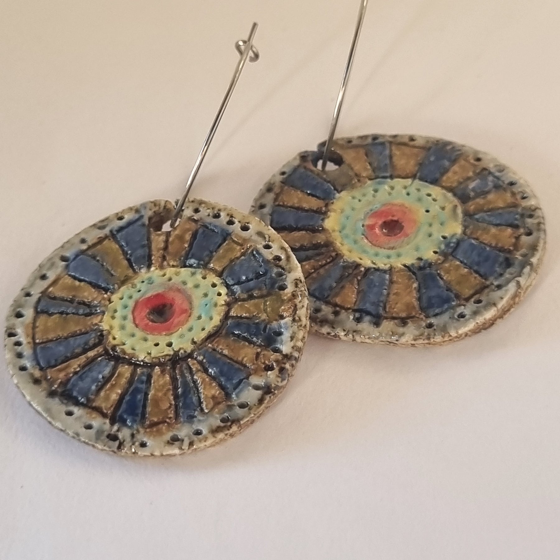 Handmade Stoneware Ceramic Earrings,green-blue-mustard-red multi-coloured, 35mm diameter, pierced ears