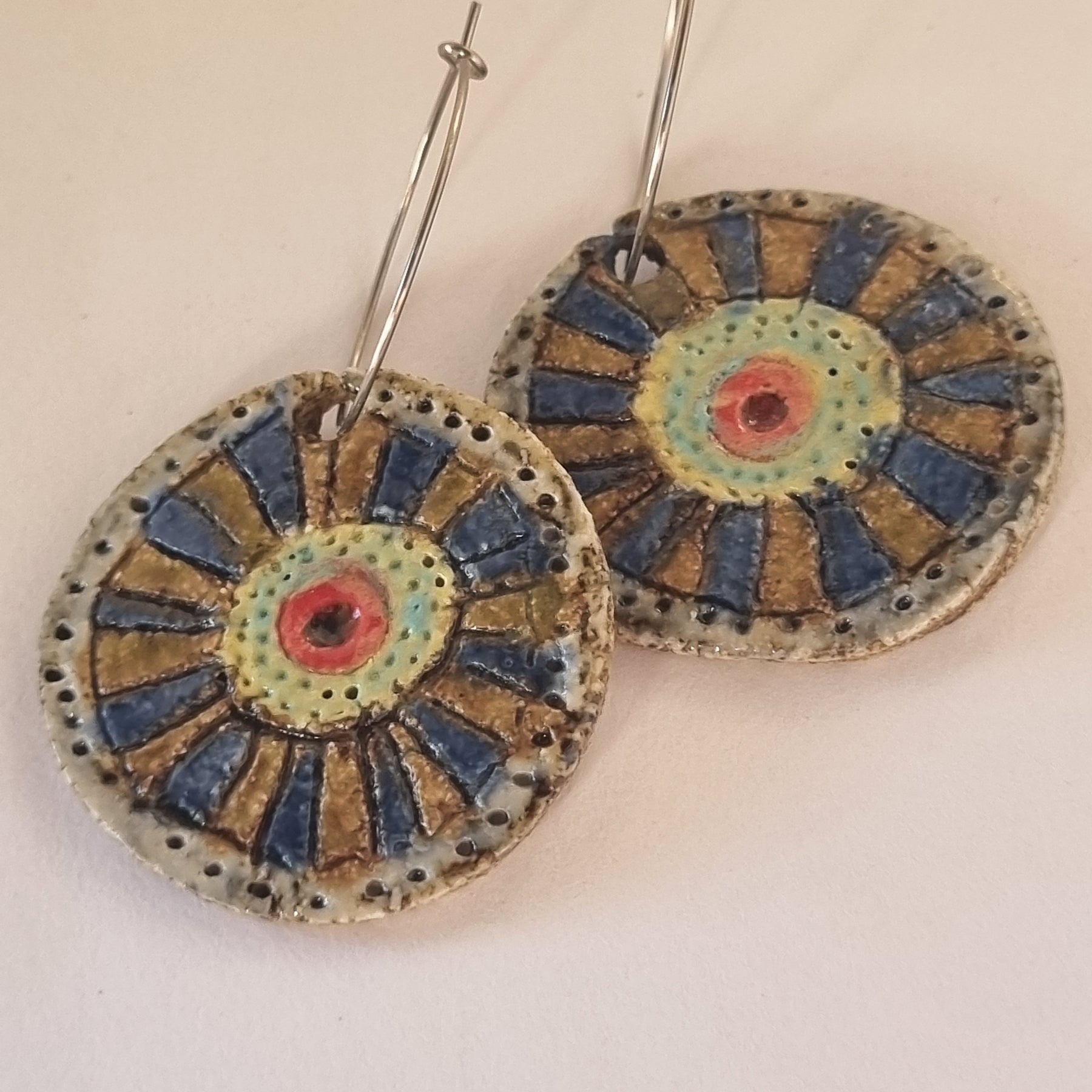 Handmade Stoneware Ceramic Earrings,green-blue-mustard-red multi-coloured, 35mm diameter, pierced ears