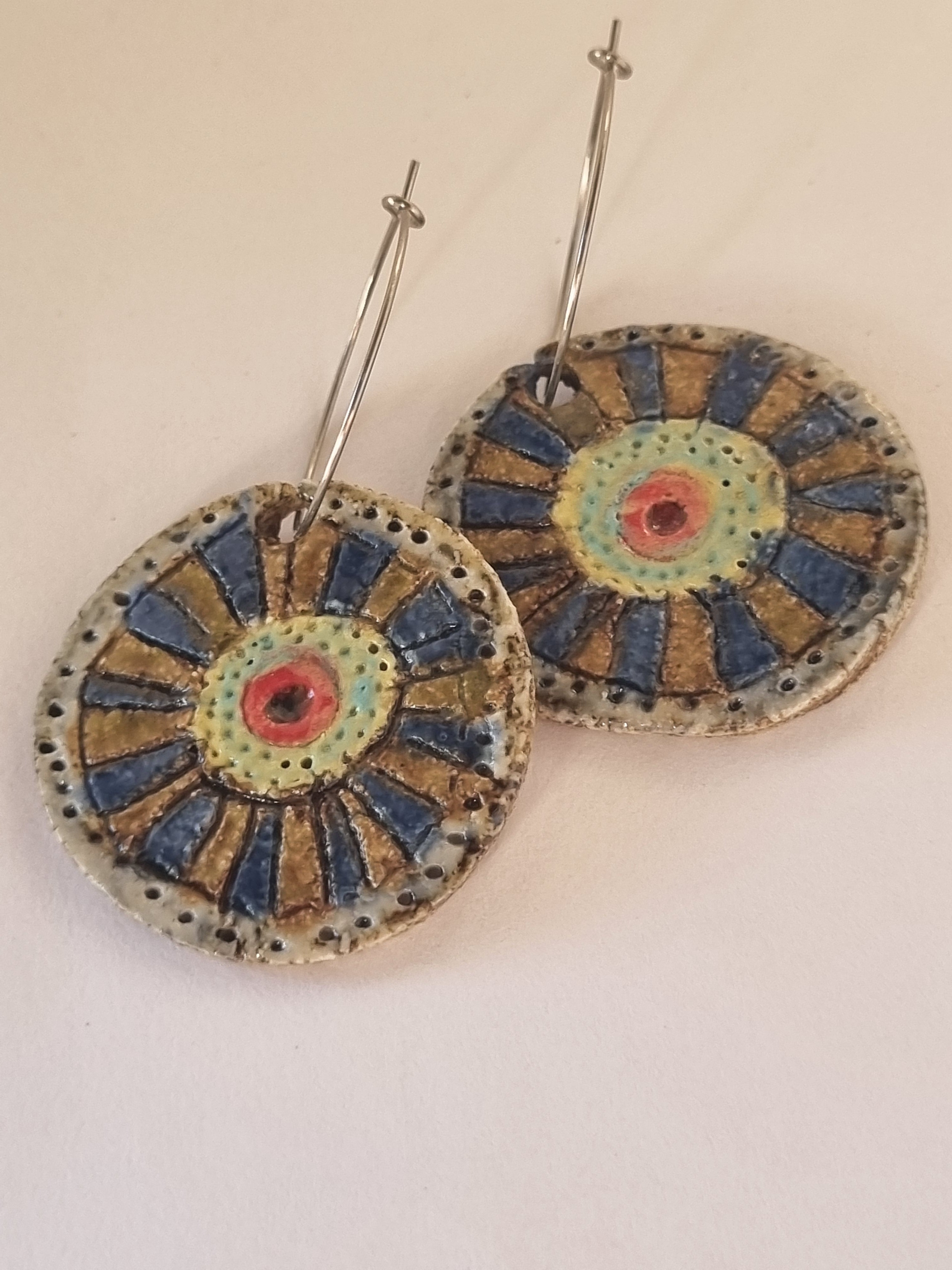 Handmade Stoneware Ceramic Earrings,green-blue-mustard-red multi-coloured, 35mm diameter, pierced ears