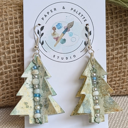 Hand painted Christmas Tree Earrings | Lightweight Paper Jewellery | Festive Beaded Earrings