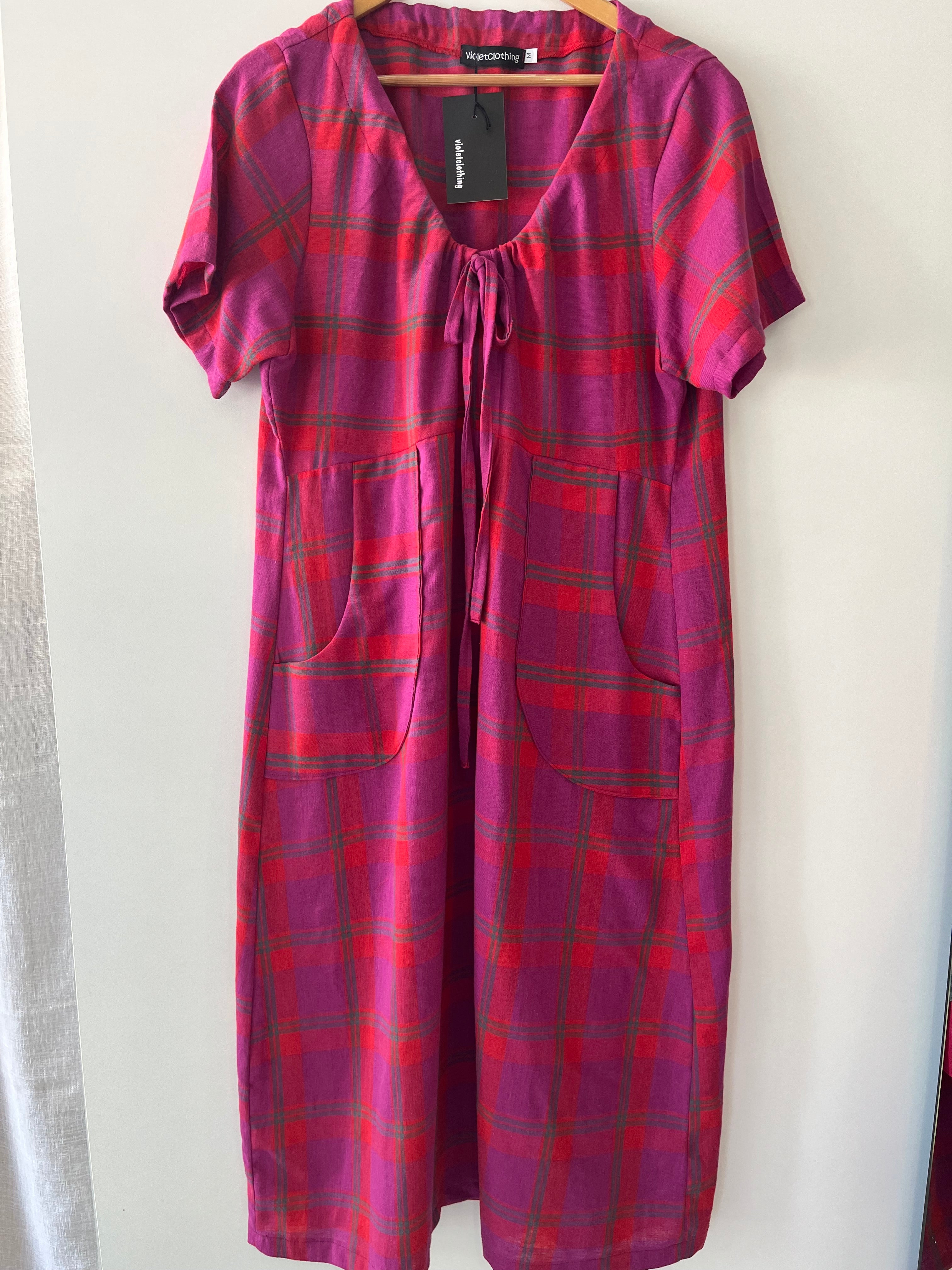 gorgeous red and pink check linen dress - medium 10-12 - violetclothing - free postage