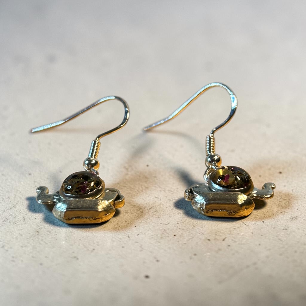 Steampunk watch parts tea pot silver earrings