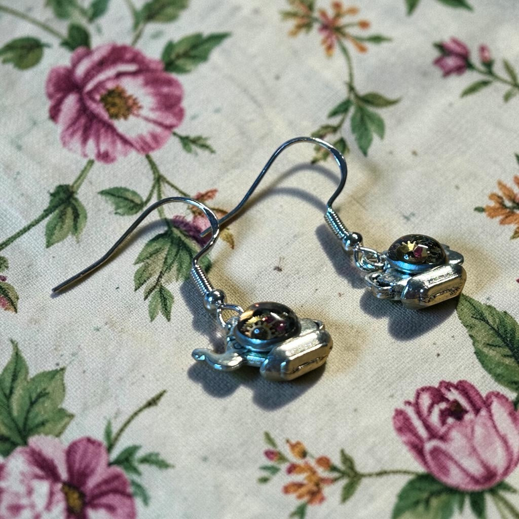 Steampunk watch parts tea pot silver earrings