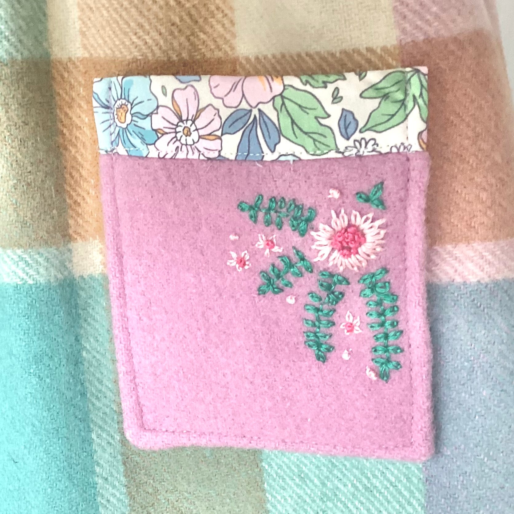 Girl's Upcycled Blanket Pinafore with Sleeve Ruffles and Hand Embroidery