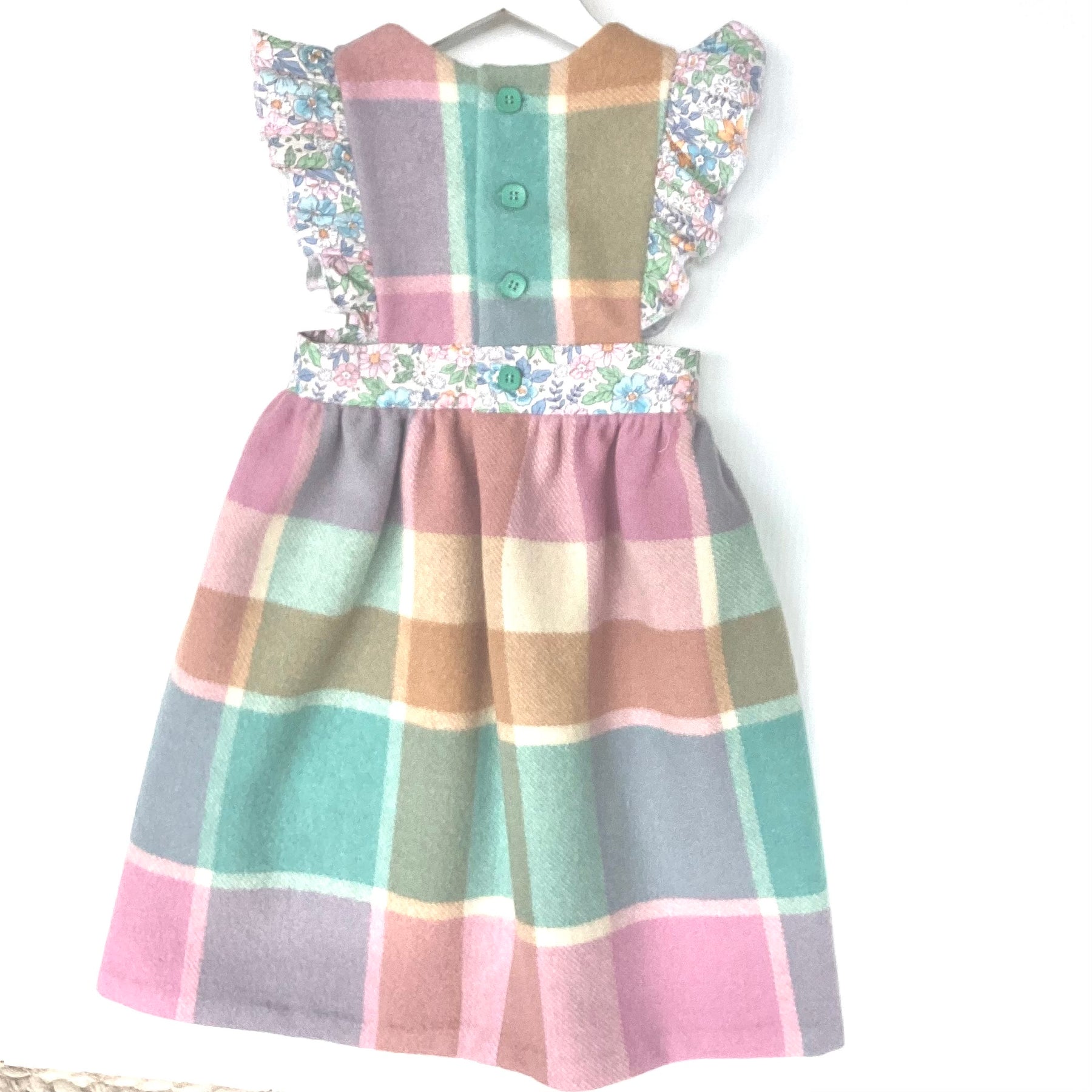 Girl's Upcycled Blanket Pinafore with Sleeve Ruffles and Hand Embroidery