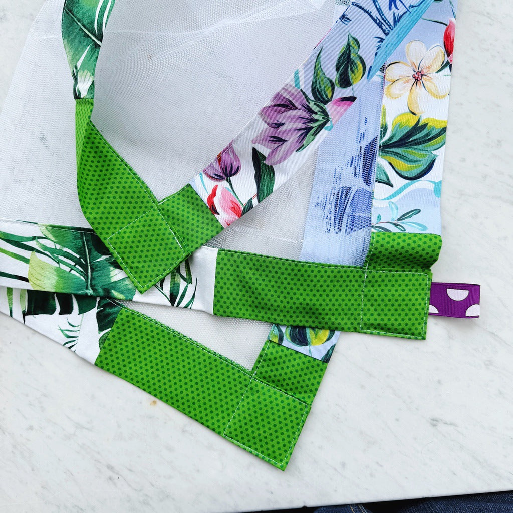 Tropical style weighted mesh food cover. Charcuterie board net throw. Cheese platter fly cover. Fruit bowl cover.