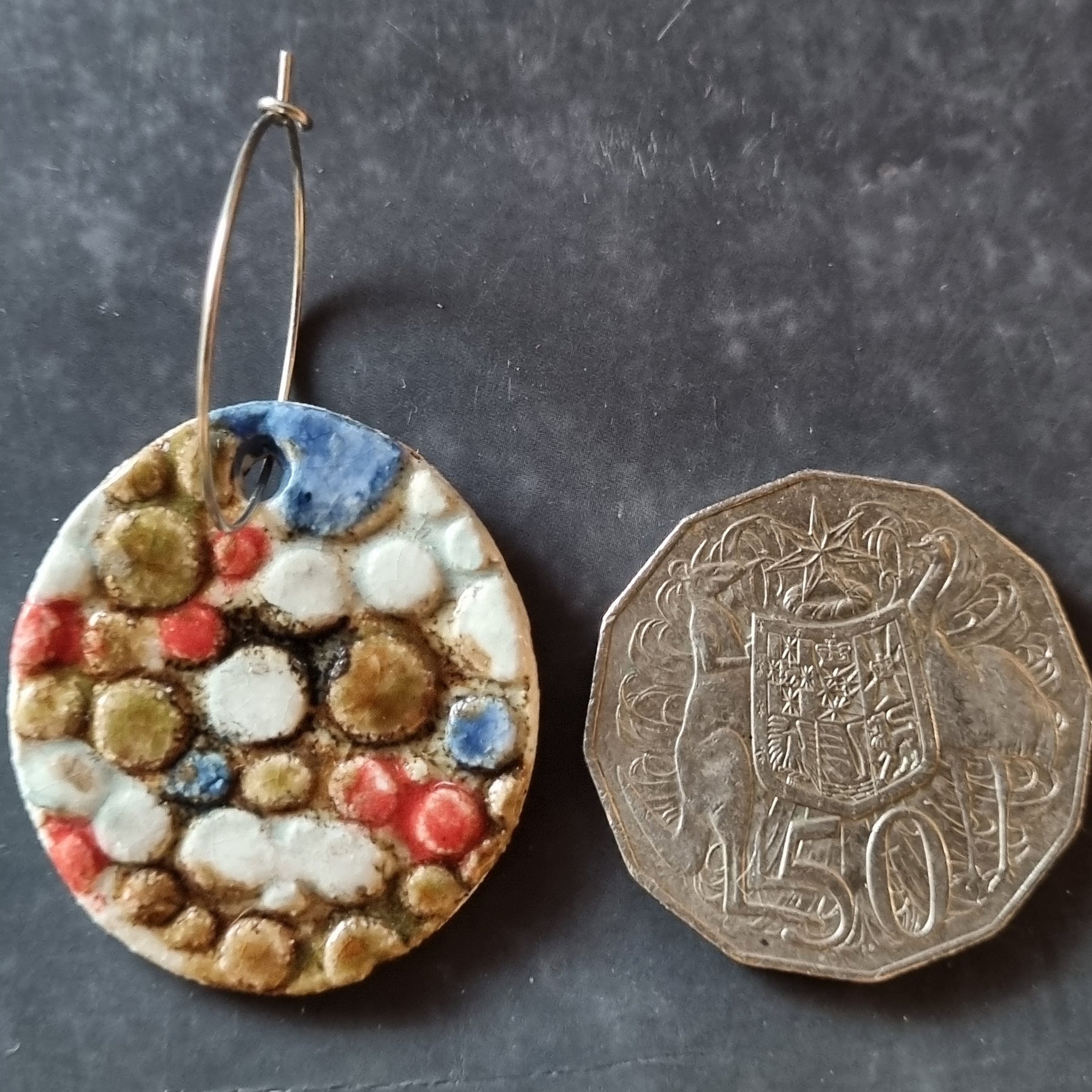 Handmade Stoneware Ceramic Earrings, pink-blue multi-coloured, 35mm diameter, pierced ears