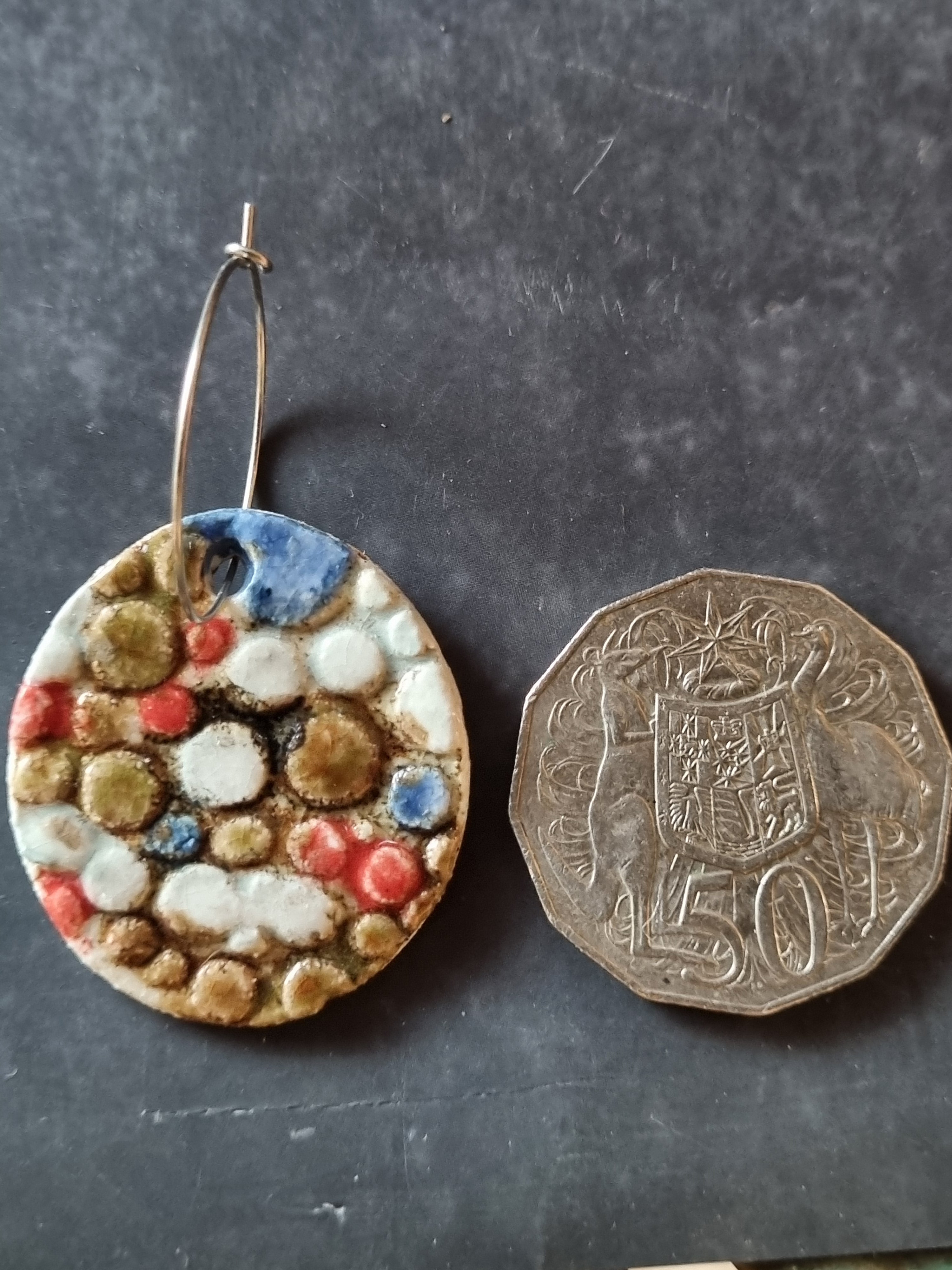 Handmade Stoneware Ceramic Earrings, pink-blue multi-coloured, 35mm diameter, pierced ears