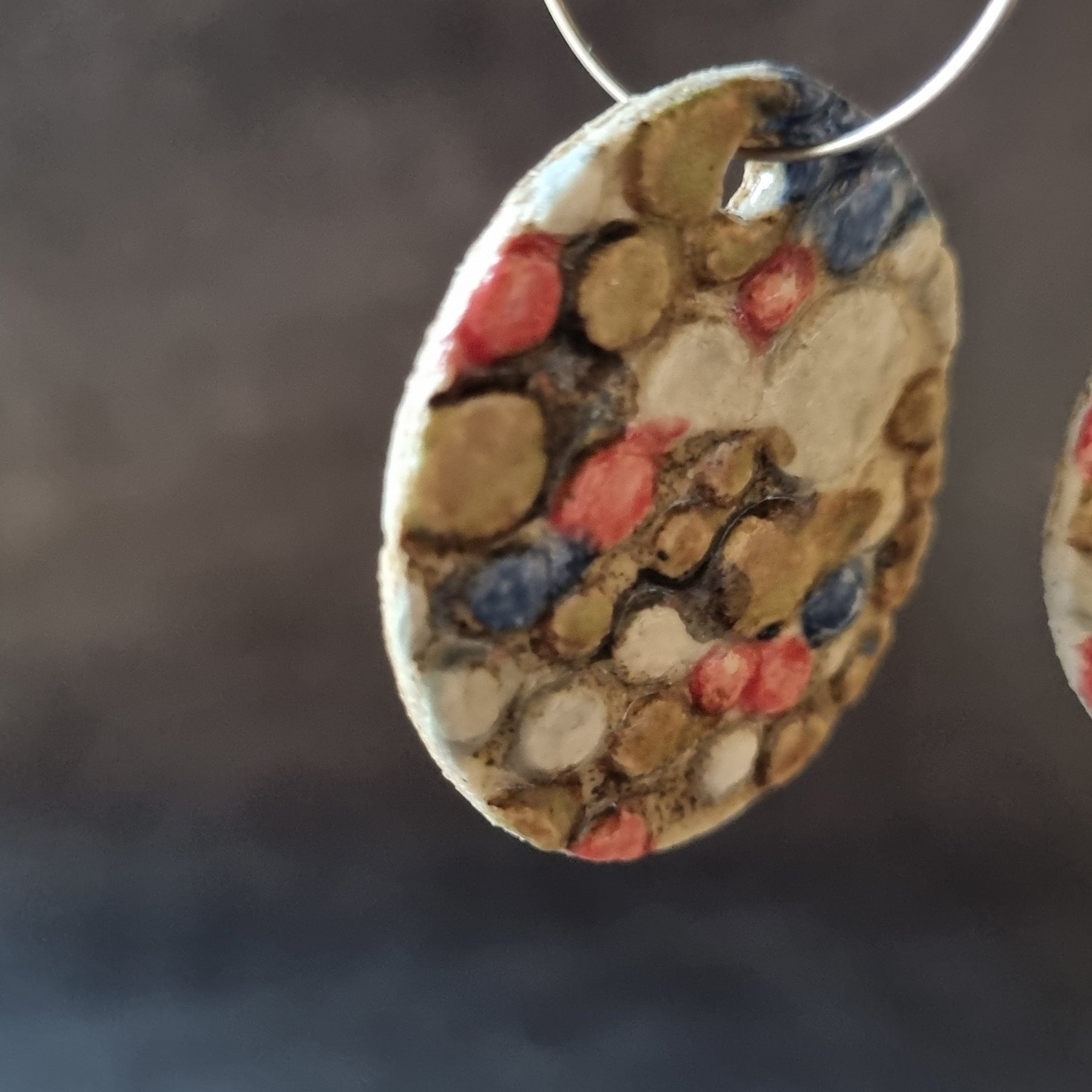 Handmade Stoneware Ceramic Earrings, pink-blue multi-coloured, 35mm diameter, pierced ears