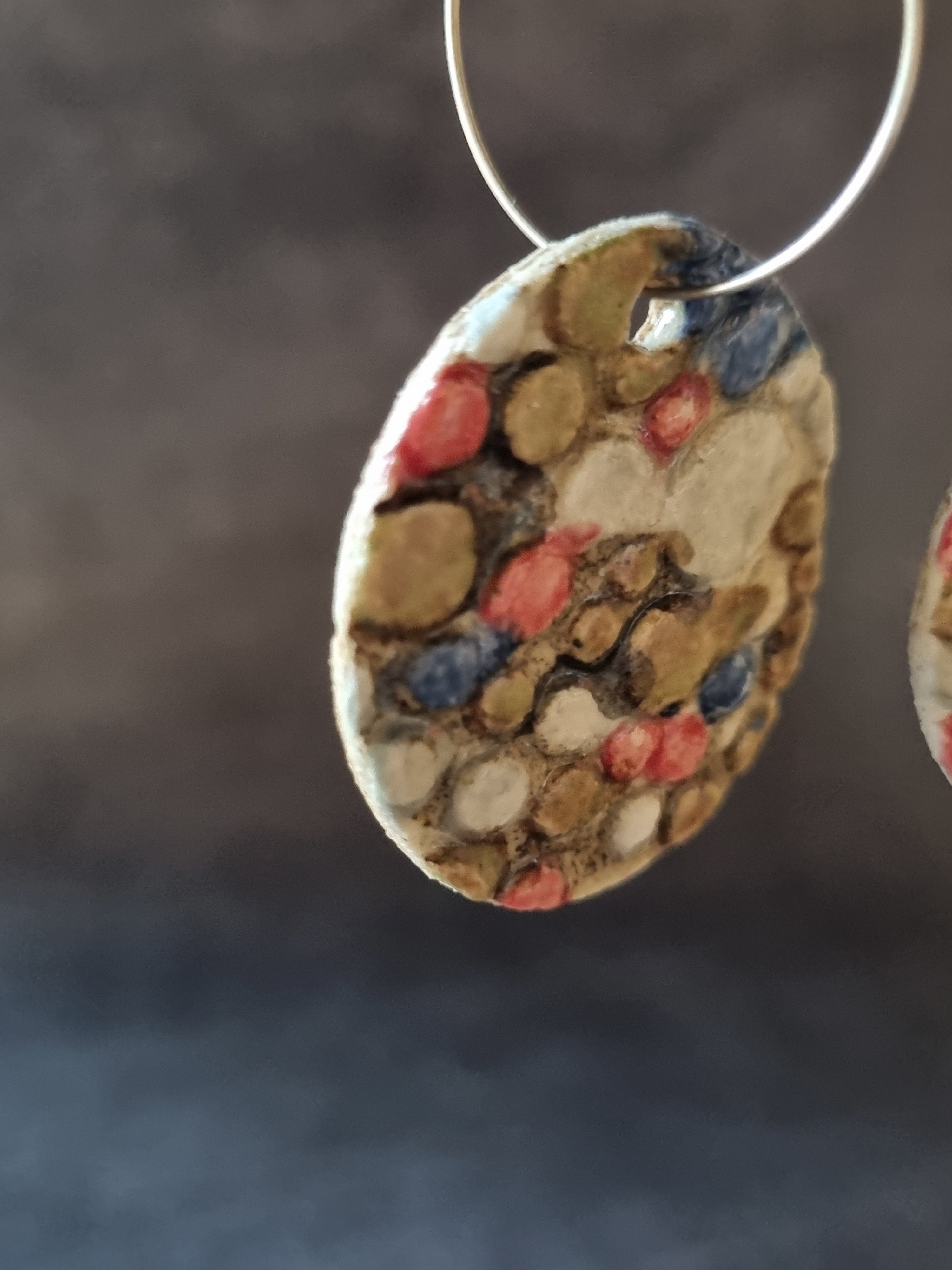Handmade Stoneware Ceramic Earrings, pink-blue multi-coloured, 35mm diameter, pierced ears