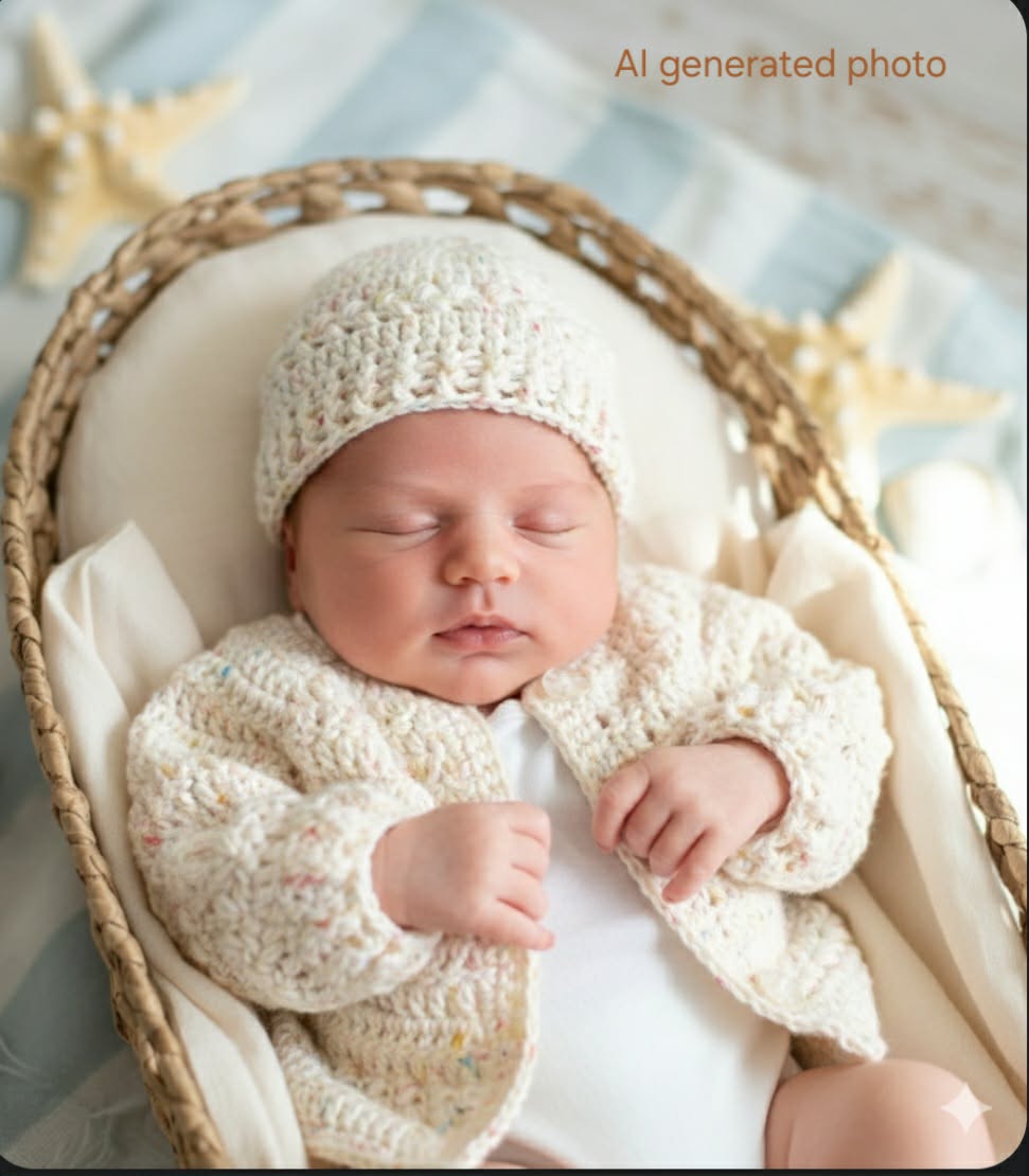Baby Cardigan | Newborn | Cream Speckle | Handmade | Crocheted Jacket & Beanie