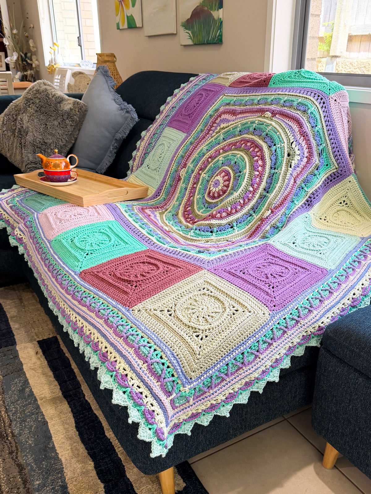 #091 - Large Crocheted Blanket in Mixed Colours