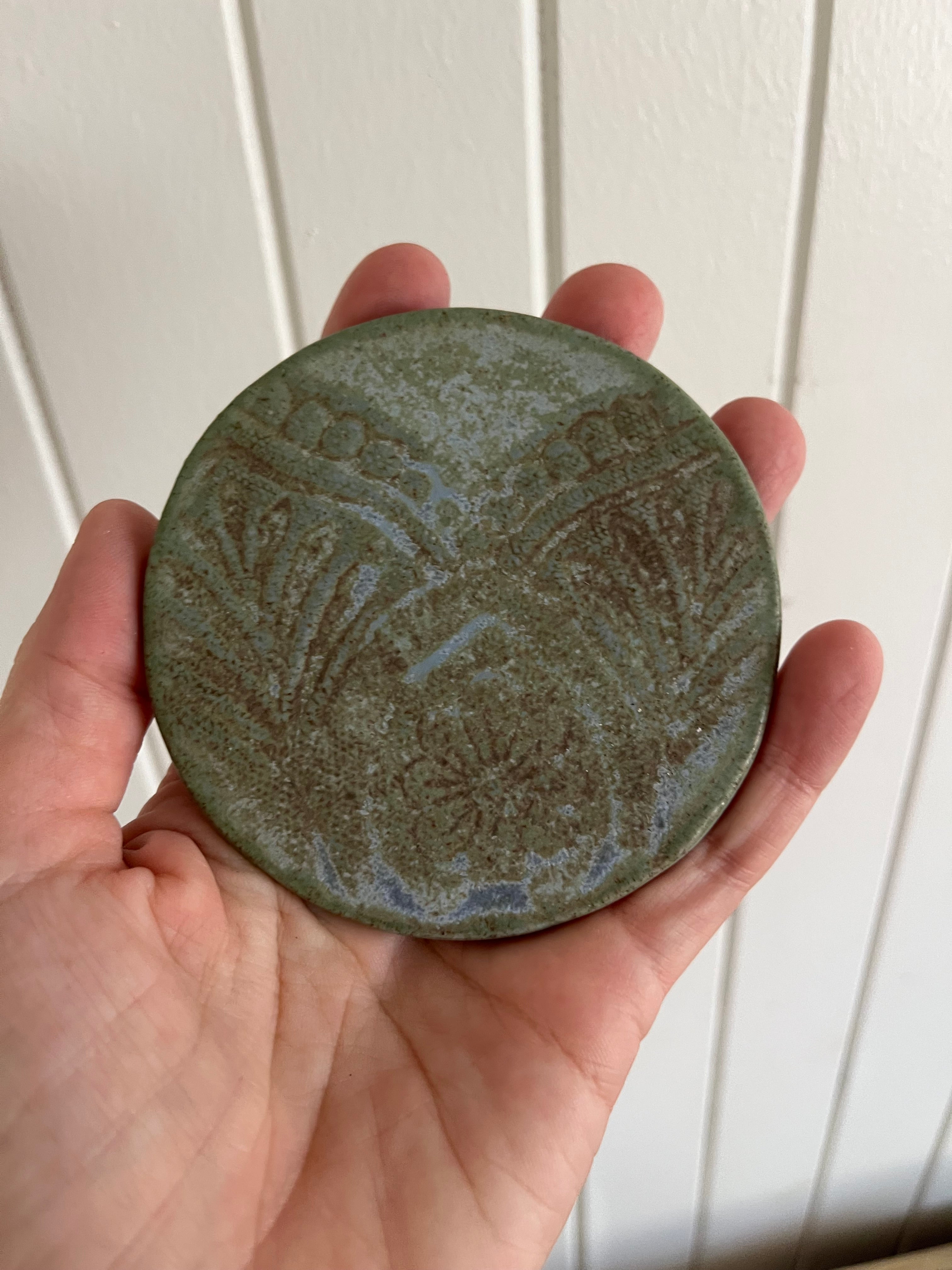 Set of 2 Handmade Pottery Coasters – Lace Imprint, Rustic Blue Glaze