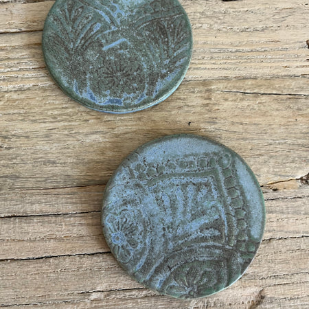 Set of 2 Handmade Pottery Coasters – Lace Imprint, Rustic Blue Glaze