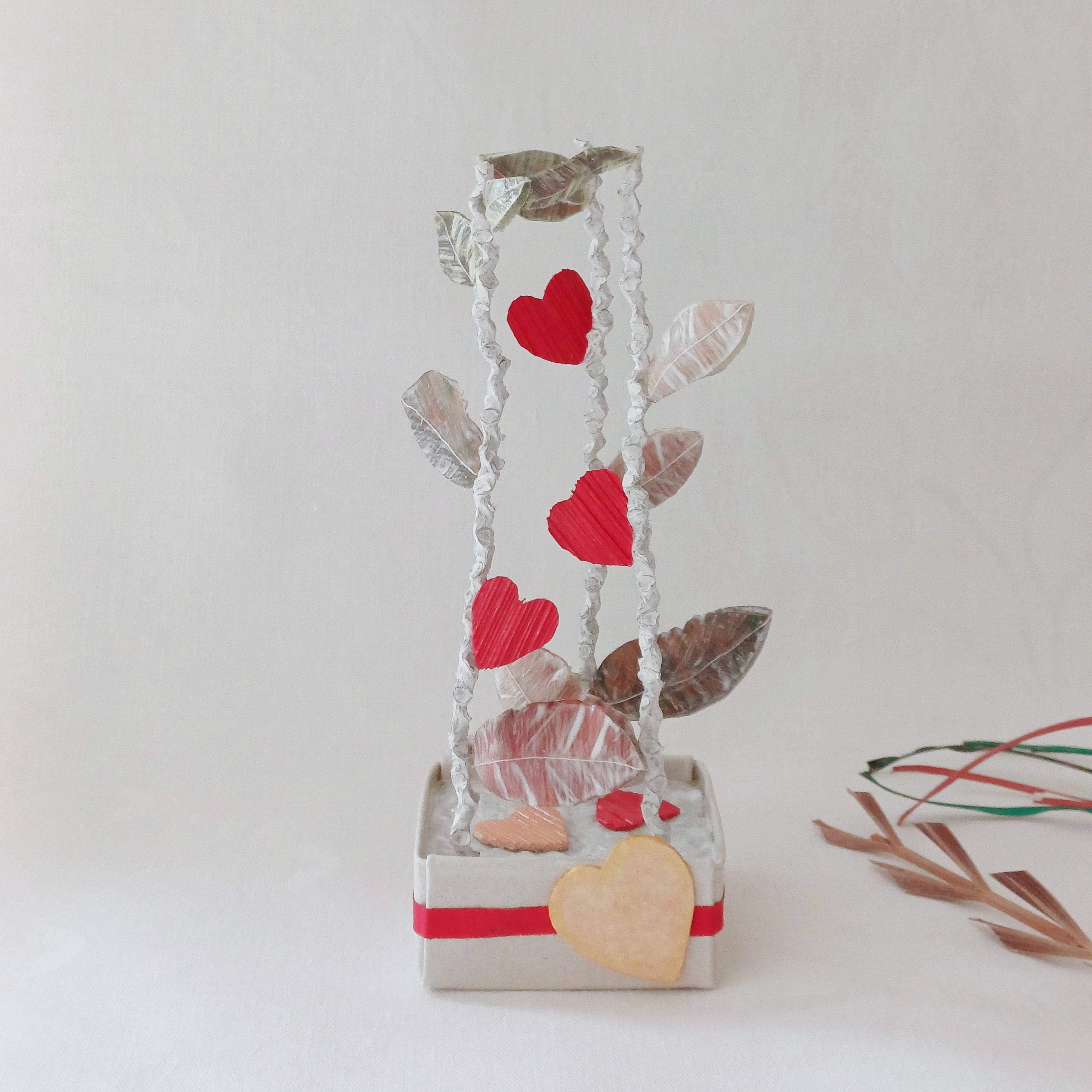 Leaves and Red Hearts - Palm Leaf Table Decoration, Greeting Gift