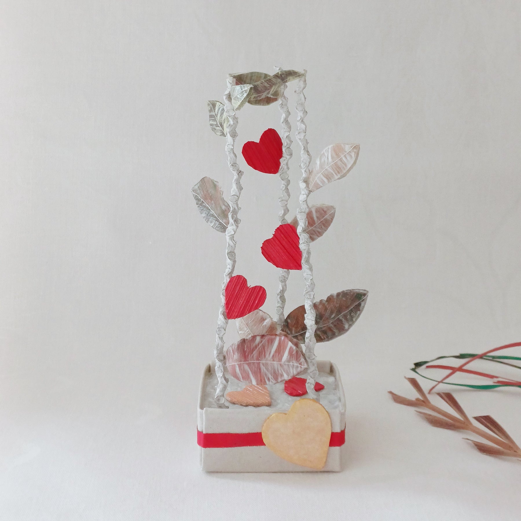 Leaves and Red Hearts - Palm Leaf Table Decoration, Greeting Gift