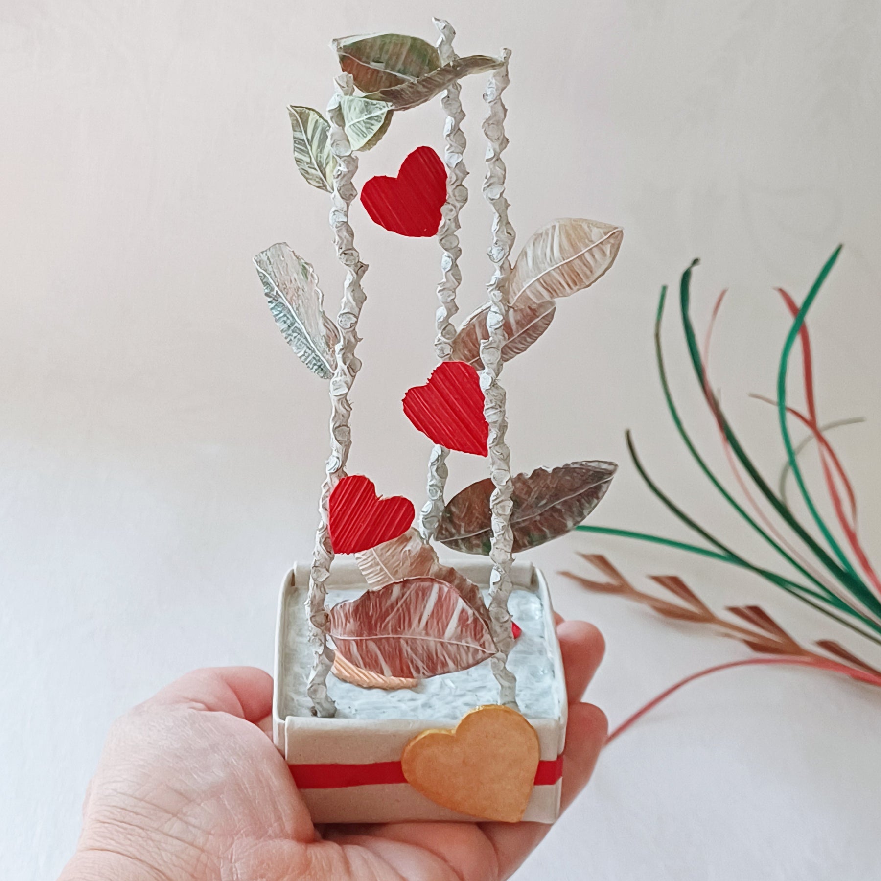 Leaves and Red Hearts - Palm Leaf Table Decoration, Greeting Gift