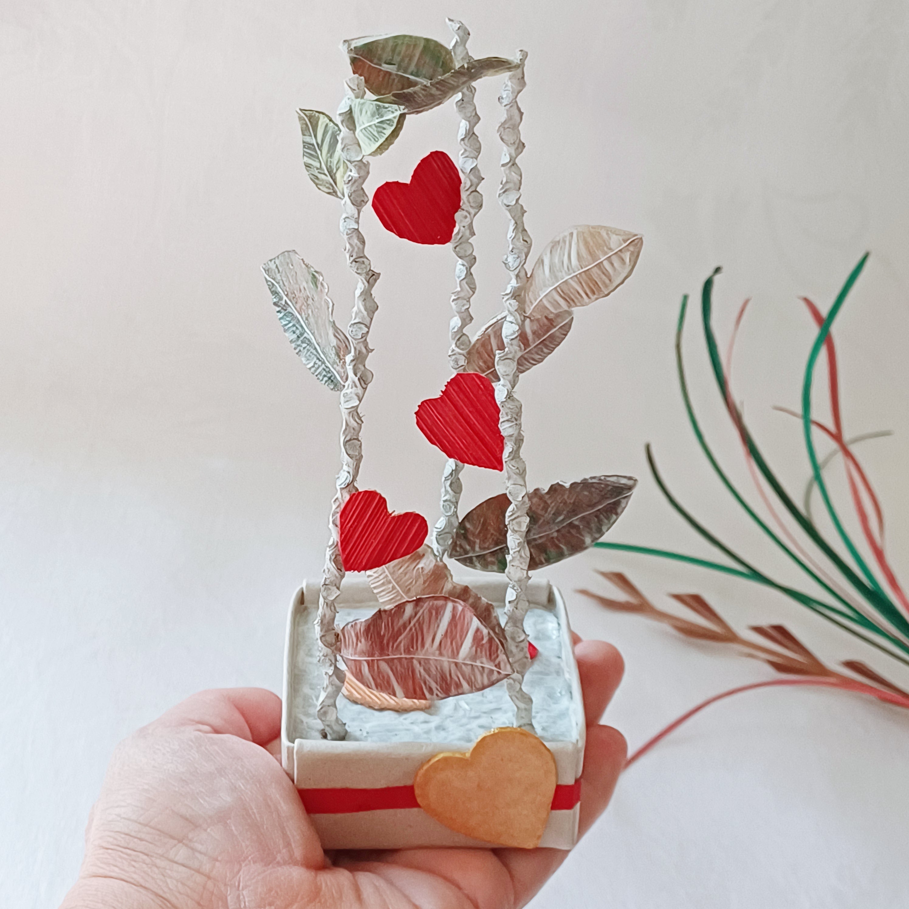 Leaves and Red Hearts - Palm Leaf Table Decoration, Greeting Gift