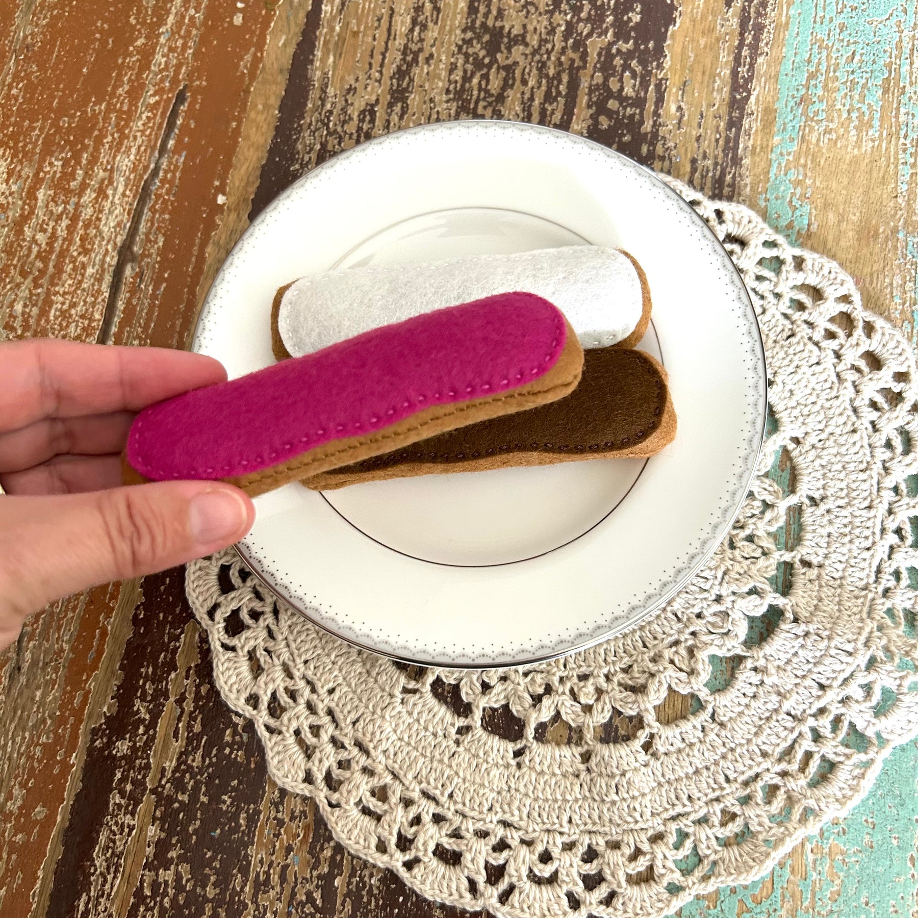 3 Felt eclairs set, dessert, pretend play cafe,  felt play food