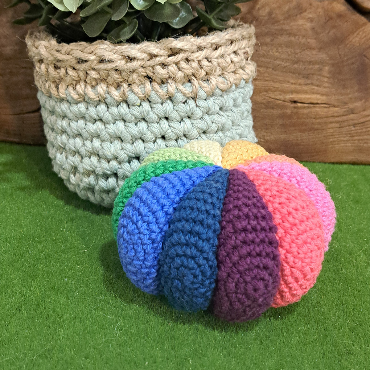 Handmade Crochet sensory ball rattle inside multi coloured