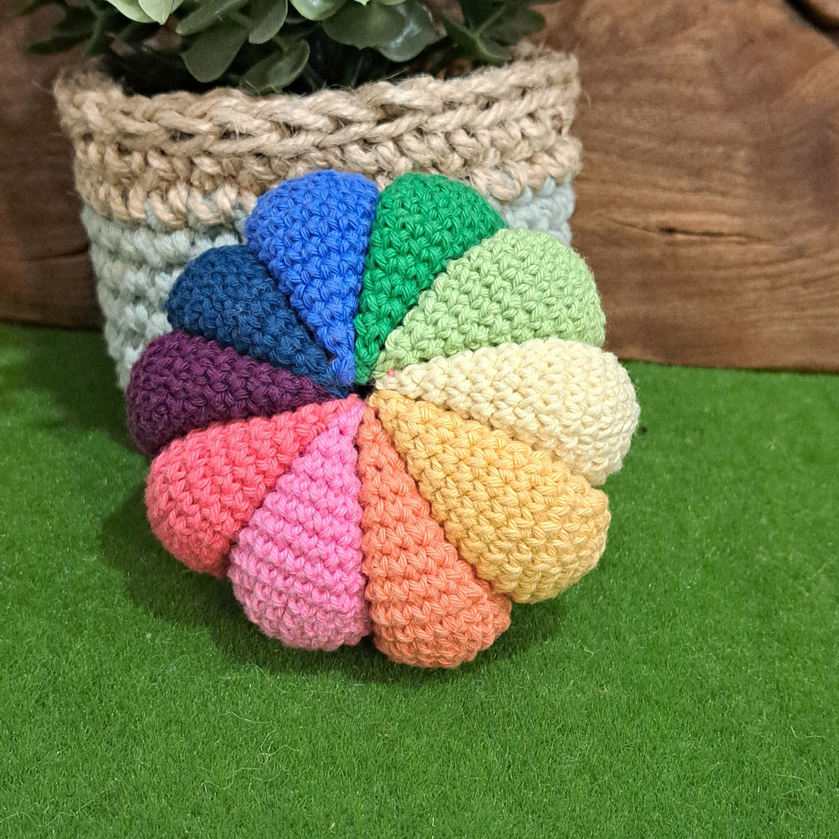 Handmade Crochet sensory ball rattle inside multi coloured