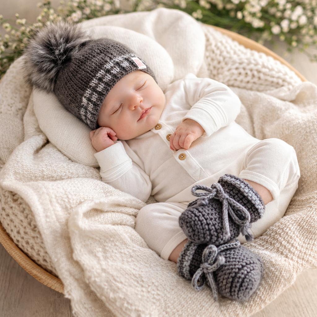 Handmade Knitted Beanie & Booties Set - 100% Cotton (multiple colours)