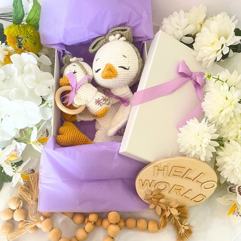Handmade Crochet Missy Goose Snuggler & Grasping Toy Baby Gift Set