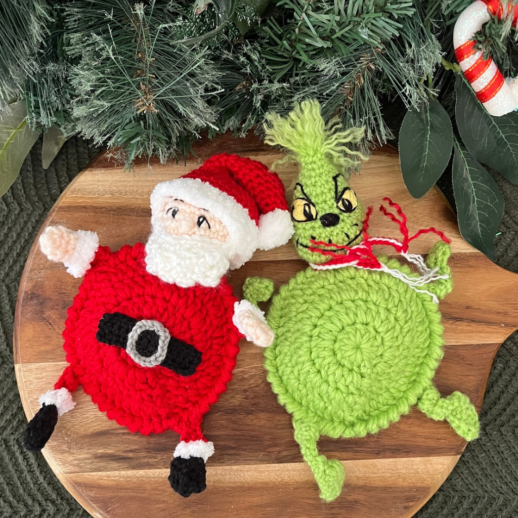Crochet Christmas Santa Grinch Flip Up Cup Coasters Gift Pack
