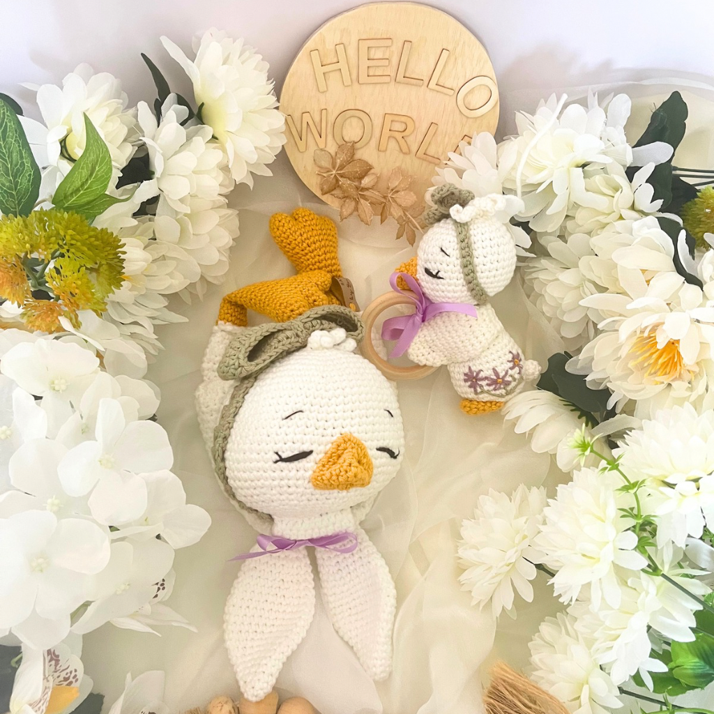 Handmade Crochet Missy Goose Snuggler & Grasping Toy Baby Gift Set
