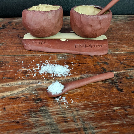Handmade Ceramic Salt & Pepper Pots with Tray and Spoons