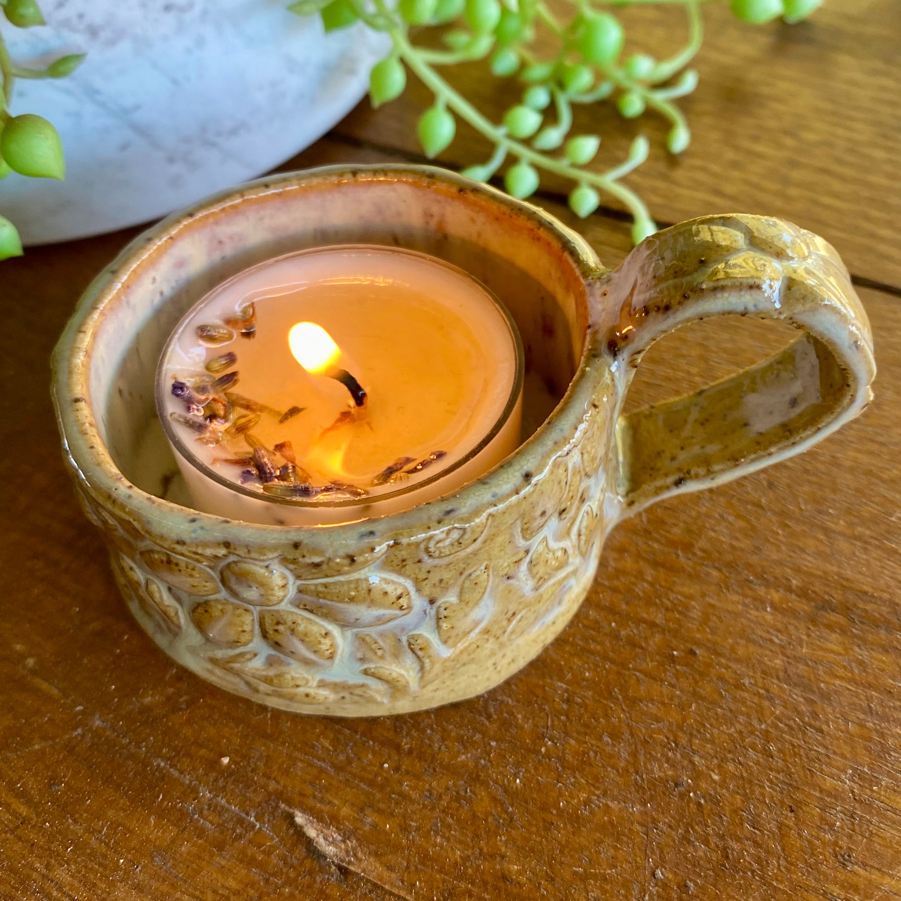 Textured Candle Holder with Dainty Handle|Handmade Pottery