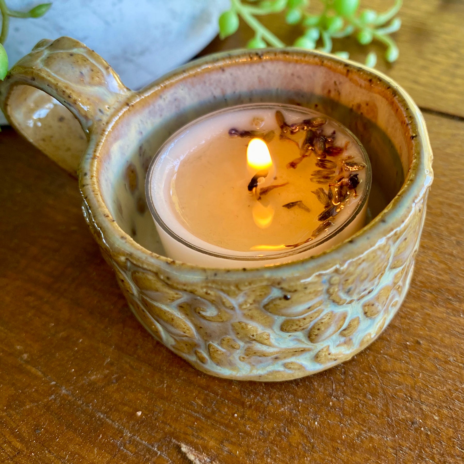 Textured Candle Holder with Dainty Handle|Handmade Pottery