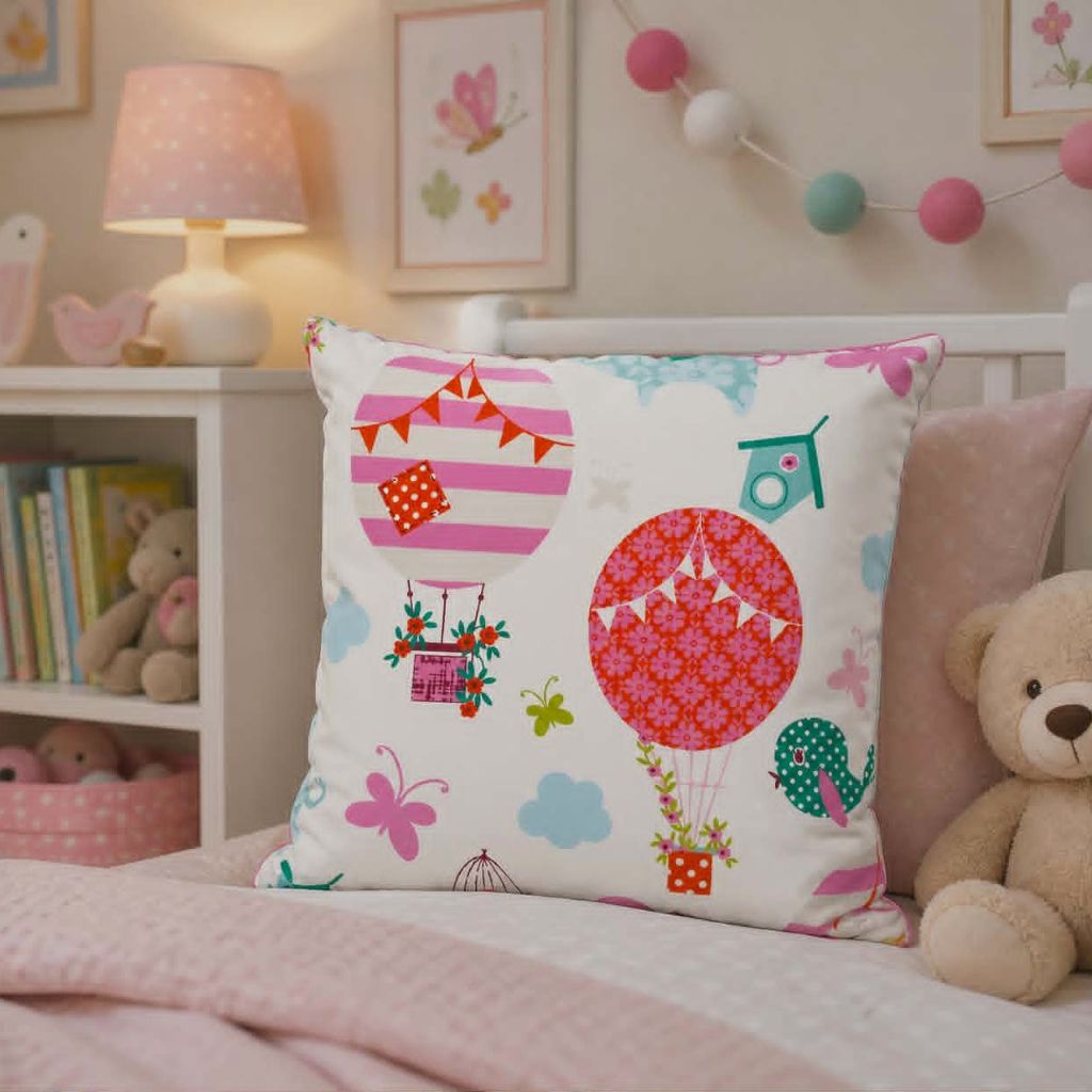 Hot air balloon cushion cover. Childrens' decor.