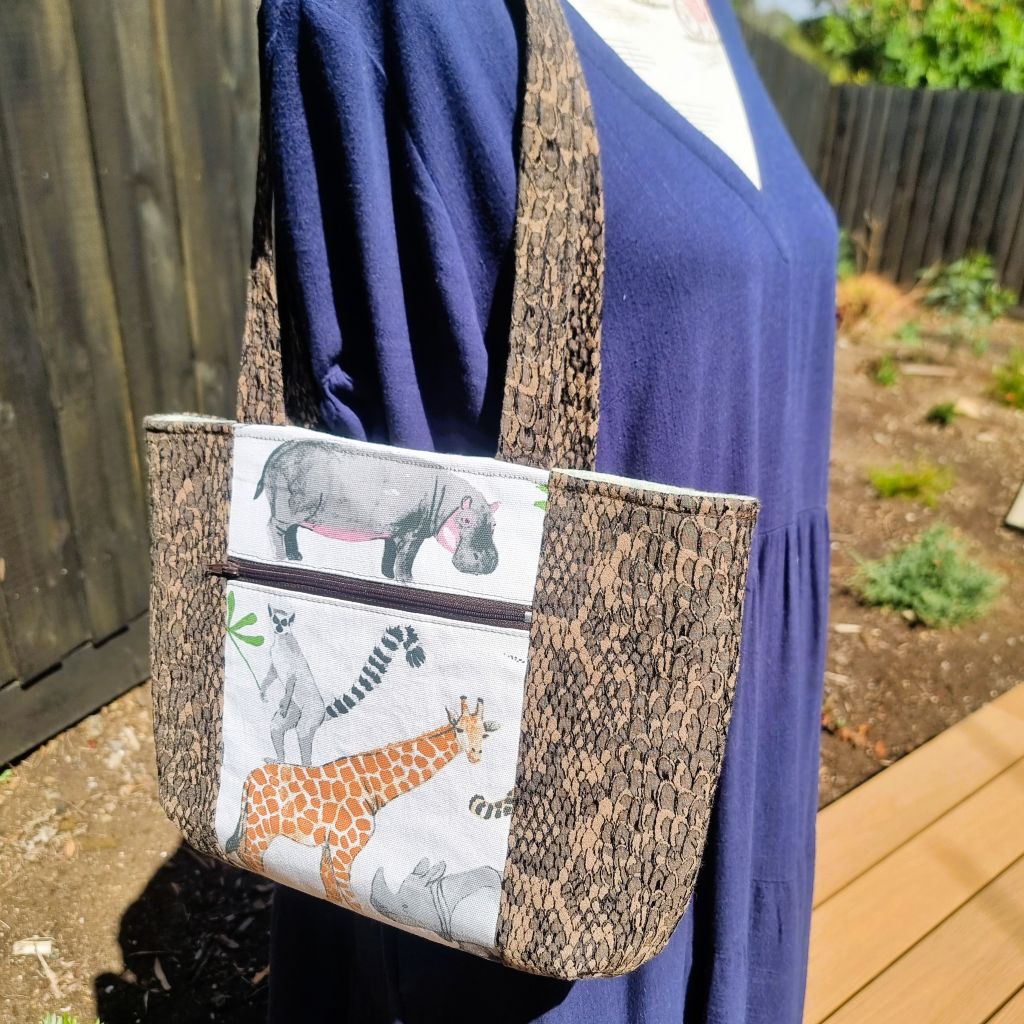 Upcycled medium tote - Brown faux snakeskin & African animals