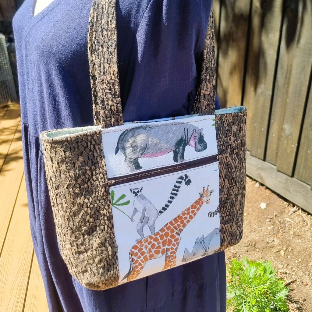 Upcycled medium tote - Brown faux snakeskin & African animals