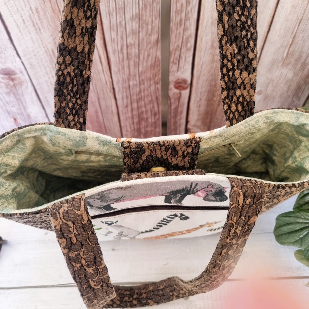 Upcycled medium tote - Brown faux snakeskin & African animals