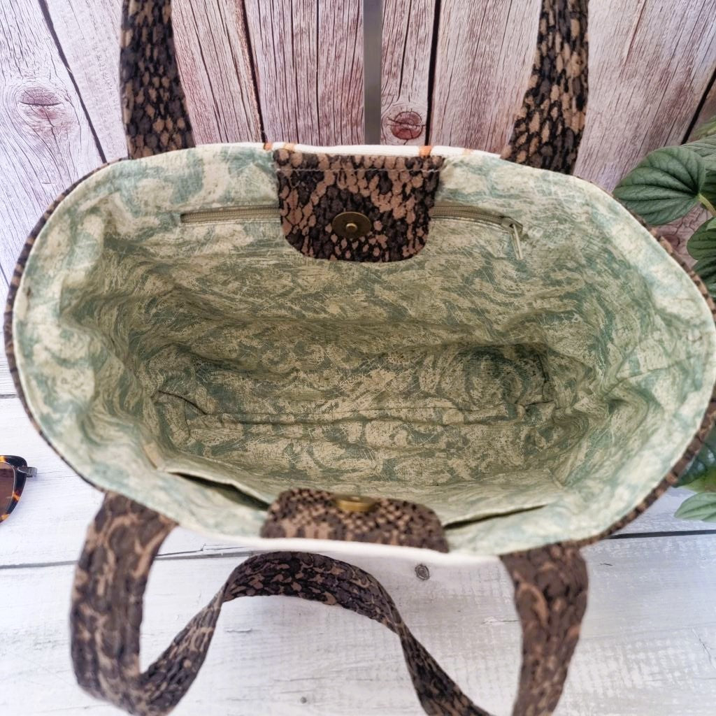 Upcycled medium tote - Brown faux snakeskin & African animals