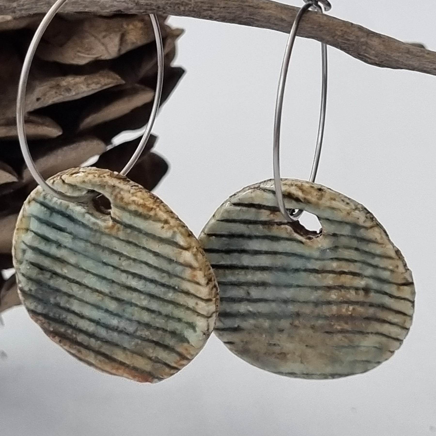Handmade Stoneware Ceramic Earrings, blue grey multi-coloured, 28mm diameter, pierced ears